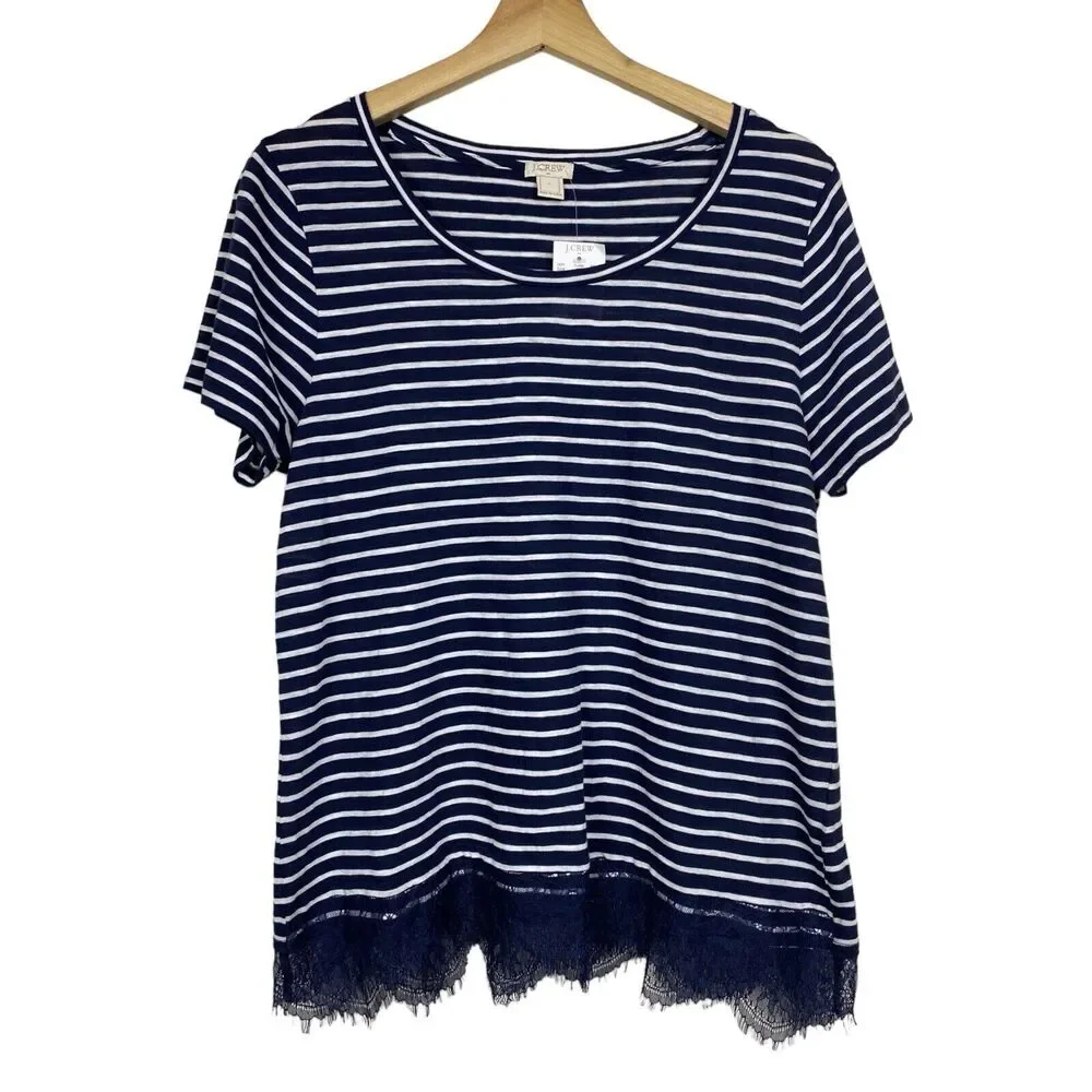J. Crew Womens Top Sz L Lace Hem Short Sleeve‎ Blue White Stripe Nautical Preppy